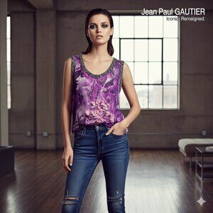 JEAN PAUL GAULTIER SILK PRINT BLOUSE WITH FLOWER APPLIQUE sz S / SMALL